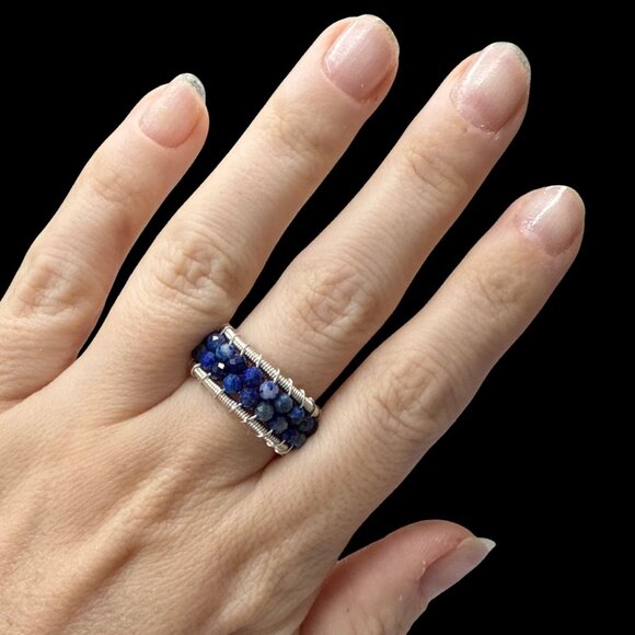 **SOLD**Lapis Lazuli Blue faceted beaded ring gemstone jewelry silver wire - Picture 2 of 8